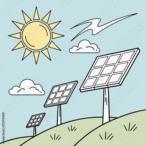 Illustration of solar panels on a hill with the sun and clouds in the sky, symbolizing renewable energy and sustainable technology