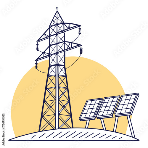 Illustration of a power line tower and solar panels, symbolizing the integration of renewable energy sources with traditional electricity infrastructure, with a clean and modern design