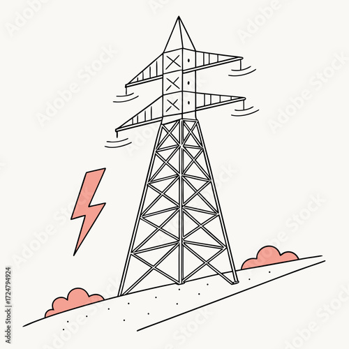 Illustration of a power line tower with a lightning bolt, symbolizing electricity transmission and energy infrastructure, with a minimalist design and clean aesthetic