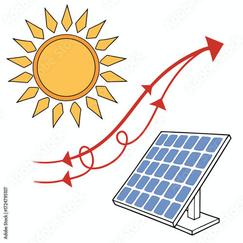 Illustration of solar energy being harnessed, showing sunlight converting into power through a solar panel, emphasizing clean and sustainable energy solutions