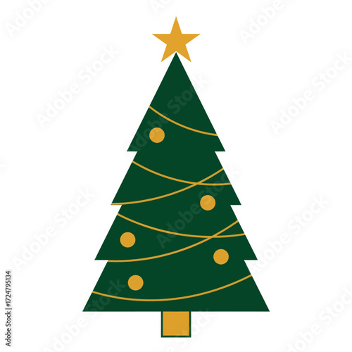 Vector illustration of a decorated green Christmas tree with a yellow star on top and festive garland lights