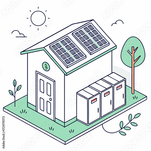 Vector art of isometric illustration of a house with solar panels on the roof, energy storage, sun, tree, and grass, showcasing sustainable living and renewable energy sources