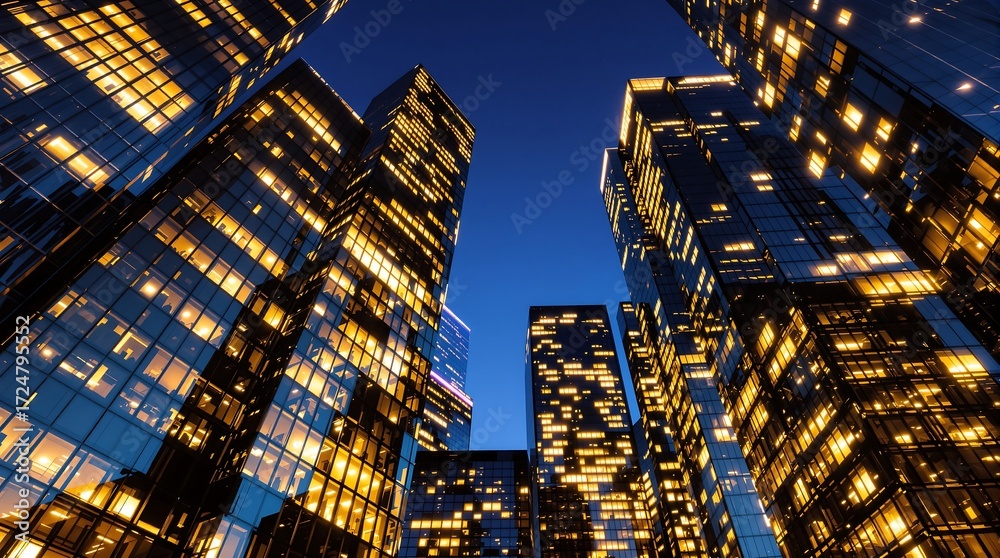 Obraz premium Night city skyline skyscrapers architecture buildings lights cityscape urban downtown view from below dark sky