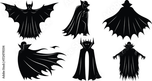 Six dark vampire silhouette vector illustration, scary monster cloak and bat design, spooky Halloween horror artwork isolated on white background