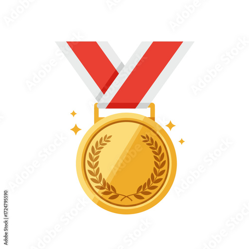 Golden medal with red and white ribbon for sports achievement and recognition, celebrating success and victory