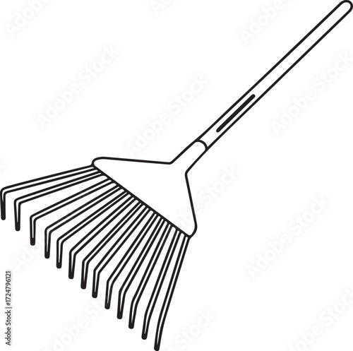 Illustration of a garden rake with a long handle and metal tines