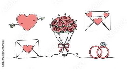 Valentine's Day Symbols Love Heart Arrow, Rose Bouquet, Envelopes, and Wedding Rings - Vector Illustration