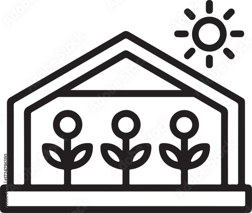 Simple line art icon of a greenhouse with plants and sun