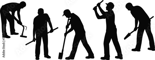 Construction workers silhouette, manual labor tools, industrial workforce, digging, hammering, painting, shoveling, hoeing, teamwork, hard work, tradespeople