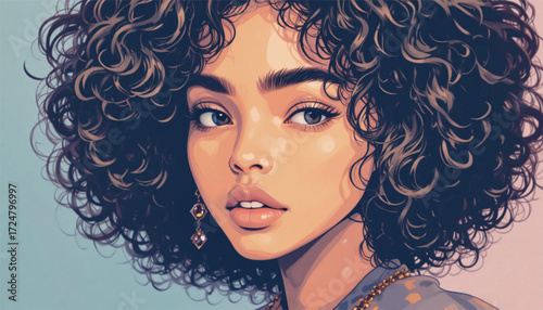 Vector portrait poster illustration afro black woman pose sideways curly hairstyle avatar for social media, Ai Generate 