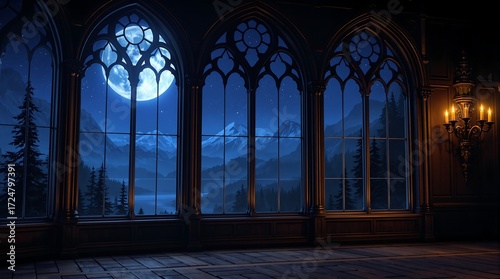 Night landscape view from gothic window with moon and mountains dark academia aesthetic wallpaper background