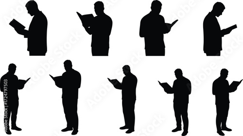 Reading silhouette, book posture, standing reader, literacy icon, educational concept, black illustration, learning activity, knowledge, study habit, quiet moment