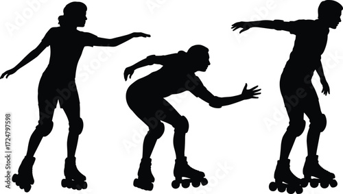 Roller skating silhouette illustration, dynamic poses, quad skates, protective gear, active lifestyle, sport movement, outdoor activity, balance, vector design