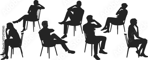 Silhouettes of seated people, thinking pose, introspective gesture, mental focus, contemplation, psychology, emotion, decision-making, stress, solitude