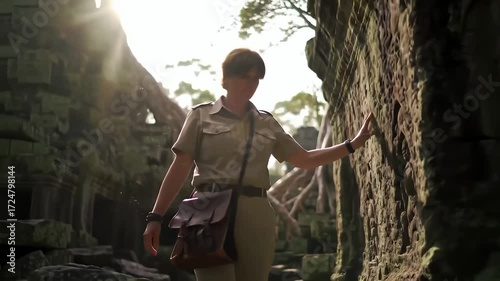 Woman exploring ancient ruins, touching weathered temple wall