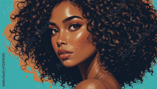 Vector portrait poster illustration afro black woman pose sideways curly hairstyle avatar for social media , Ai Generate 