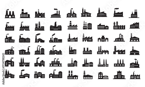 Silhouette Factory Icons Industrial Buildings with Chimneys Vector Illustration Depicting Manufacturing Plants and Production Facilities for Graphic Design Projects