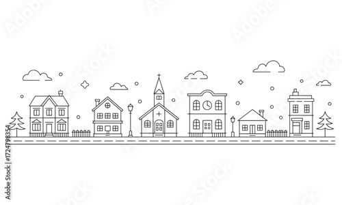 Simple Monochrome Townscape Illustration of Various Buildings Trees and Clouds in a Line Drawing Style for Decoration and Design