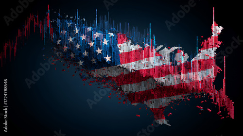 Crisis in USA, rising inflation, devaluation of dollars and the economy. Stock market trading graph with american flag is damage. Effect of recession US economy and import tariffs. Stock Illustration
