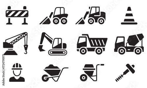 Construction Icons Set Illustrating Construction Vehicles Equipment and Personnel Necessary For Various Building and Infrastructure Projects in Black and White