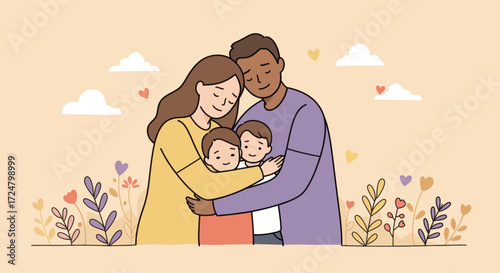 A heartwarming illustration of a diverse family embracing with love and affection surrounded by gentle floral elements and soft hearts