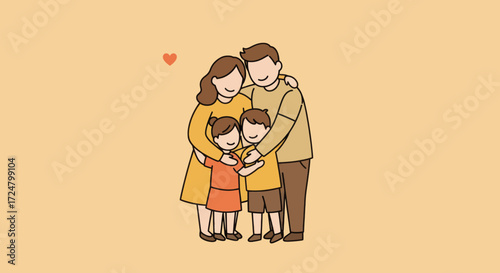 Happy Family Hugging illustration, showcasing togetherness and love within a family unit, depicted in a charming and heartwarming style