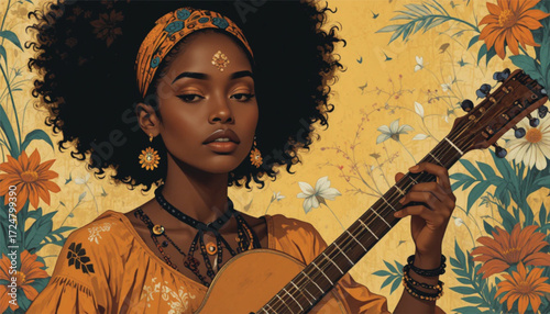 African American Woman with Musical Instrument Cultural Vector Art, Ai Generate 