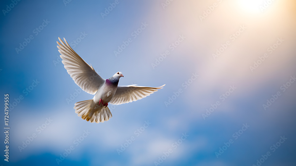 Obraz premium White dove flying against a blue sky with sunlight in the background