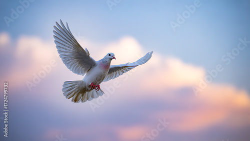 Fototapeta Naklejka Na Ścianę i Meble -  White dove in flight against a soft sky with pastel clouds