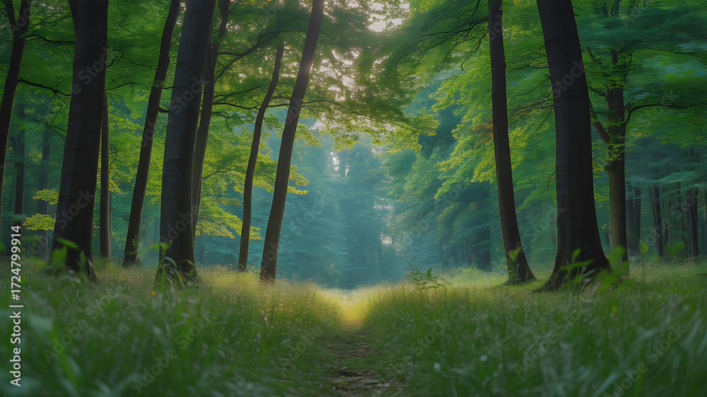 Obraz premium Sunlight filtering through tall trees in a serene forest with a grassy path leading into the distance