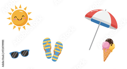 Summer vacation beach symbols - sunny day, sunglasses, flip flops, ice cream cone, and umbrella graphics