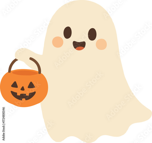 Cute ghost floating with Halloween pumpkin basket for Trick or Treat. Funny spooky boo character. Spook phantom with happy smiling face expression. Isolated kids flat vector illustration.