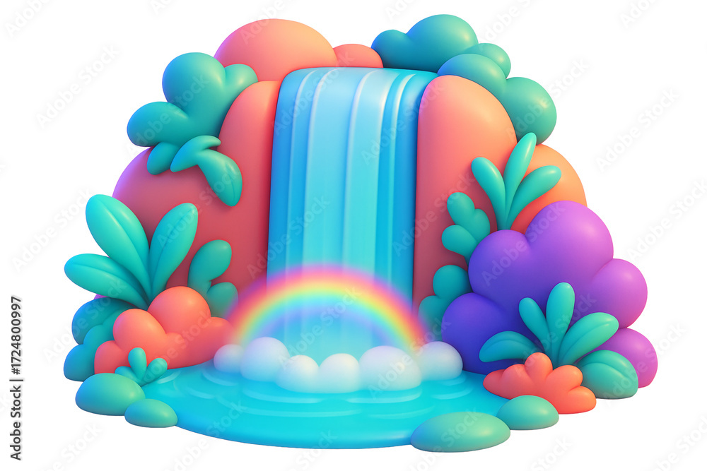Fototapeta premium Cartoon-style waterfall with rainbow, colorful plants and hills, isolated on white background, concept of fantasy nature scene. Ai generative