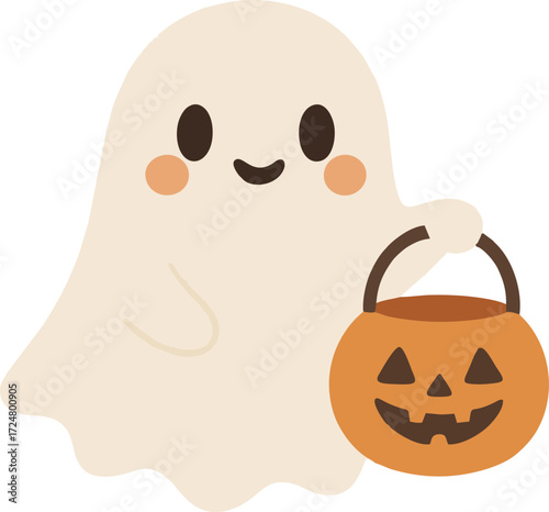 Cute ghost floating with Halloween pumpkin basket for Trick or Treat. Funny spooky boo character. Spook phantom with happy smiling face expression. Isolated kids flat vector illustration.