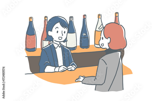 酒屋で接客している女性店員と女性客のイラスト