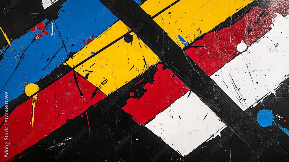 Naklejka premium Dynamic abstract art with bold primary colors and energetic paint splatters