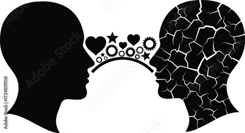 Creative psychology concept illustration of two human heads with communication bridge of gears, hearts, and stars symbolizing mental connection.