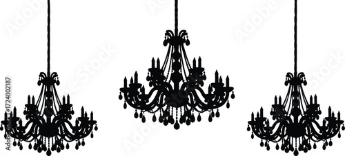 Elegant black chandelier silhouette set vector illustration with vintage hanging ceiling lamps isolated on white background for classic decor.