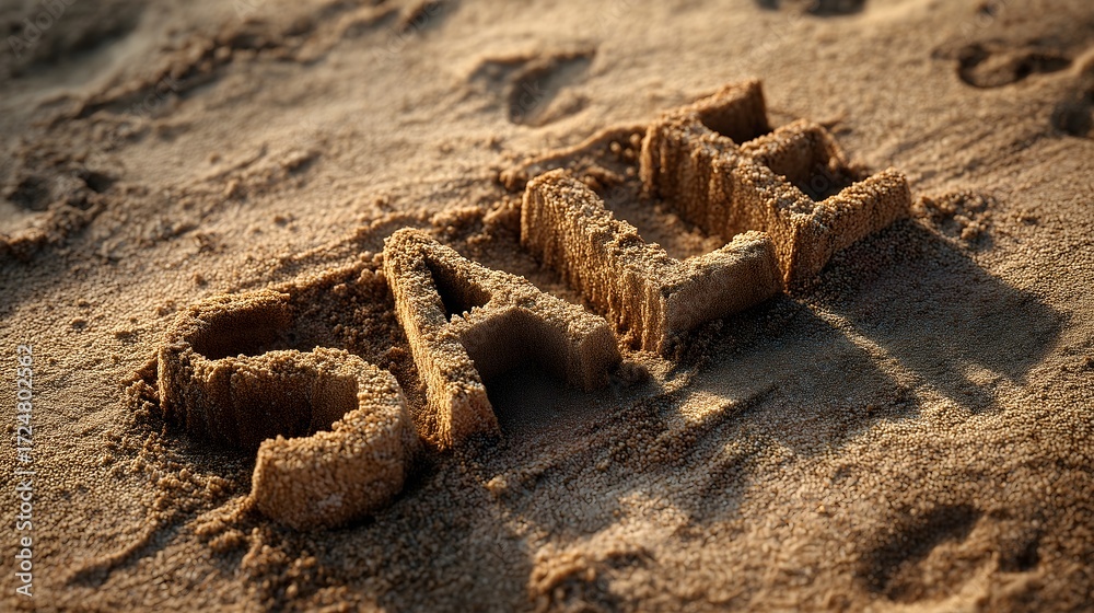 Obraz premium SALE carved into warm sand on a sunny beach during a peaceful afternoon