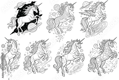 Fantasy unicorn space vector illustration set with stars, planets, galaxies, cosmic creatures, magical animals, celestial designs, coloring book art.