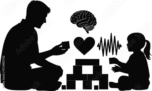Father and daughter playing blocks silhouette, early childhood development, brain heart connection, emotional bonding, communication, family love, education, parenting