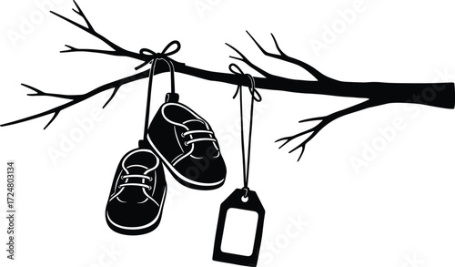 Hanging Baby Shoes on Tree Branch with Empty Tag Symbolizing Memory, Childhood, Loss, Adoption, or New Beginning Concept