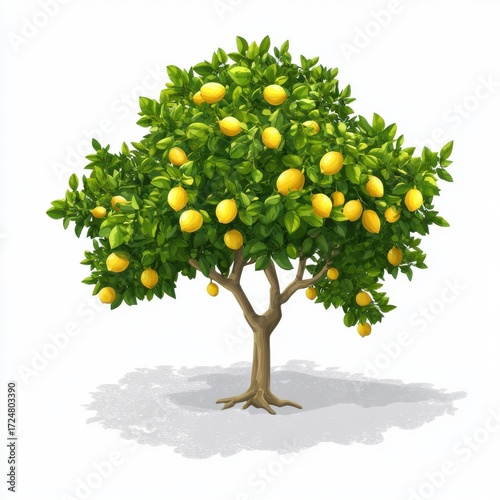 Lush Lemon Tree with Bright Yellow Lemons on White Background