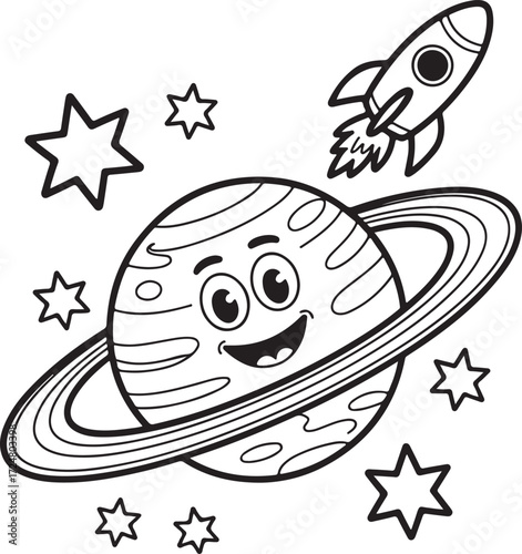 Funny Planet With Rocket and Stars