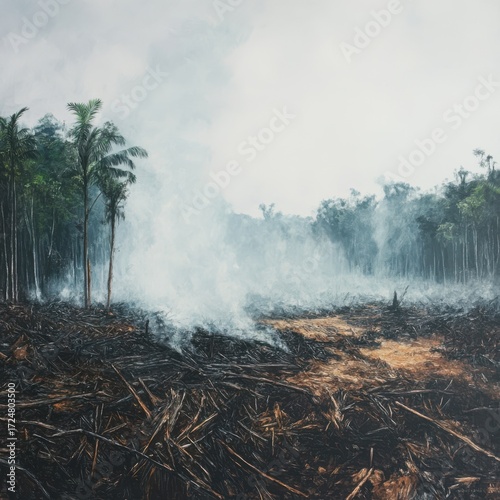 Deforested Landscape with Smoke and Vegetation in Diminished Forest