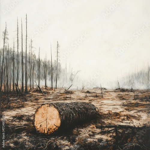 Deforested Landscape with Fallen Tree Trunk and Foggy Background