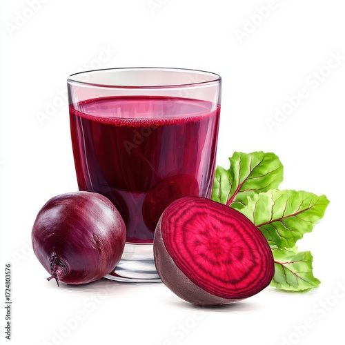Fresh Beetroot Juice in a Glass with Beet and Green Leaves