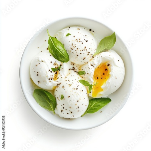 Creamy Poached Eggs with Fresh Basil and Pepper on White Dish