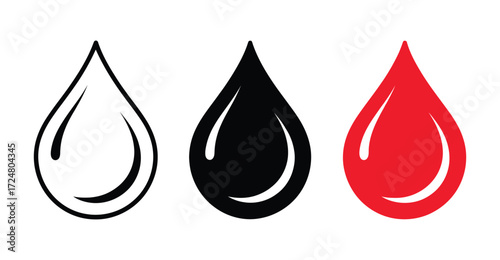 Three stylized droplet icons in black, white, and red – glossy liquid symbols for water, oil, blood, or fluid concepts in design and health