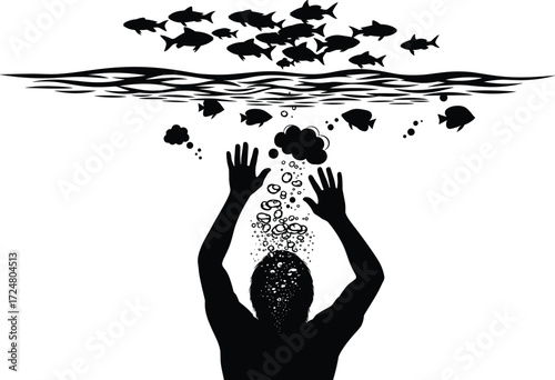 Silhouette of drowning person underwater with rising bubbles, fish swimming above, mental health depression stress concept vector illustration design